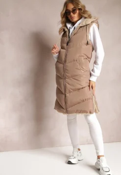 Ciemnobeżowa Dwustronna Kamizelka Pikowana z Futerkiem Madalan