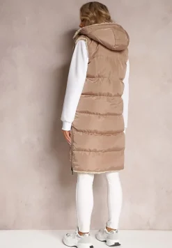 Ciemnobeżowa Dwustronna Kamizelka Pikowana z Futerkiem Madalan