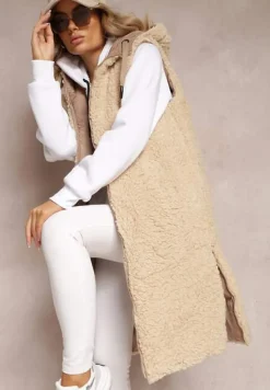 Ciemnobeżowa Dwustronna Kamizelka Pikowana z Futerkiem Madalan