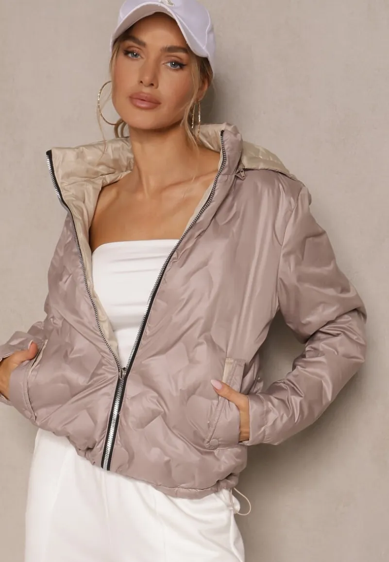 Ciemnobeżowa Dwustronna Kurtka z Pikowanymi Przeszyciami i Odpinanym Kapturem Zelirelle