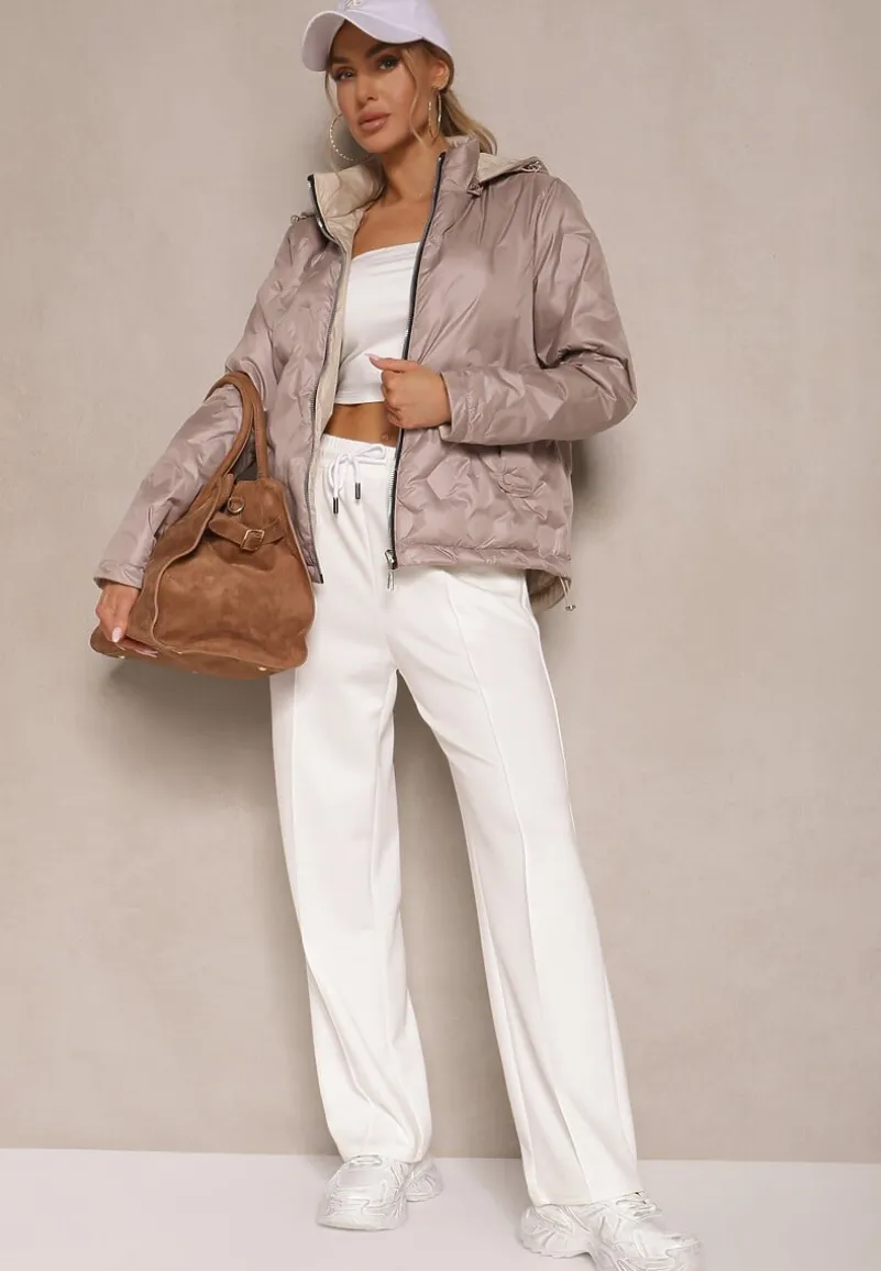 Ciemnobeżowa Dwustronna Kurtka z Pikowanymi Przeszyciami i Odpinanym Kapturem Zelirelle