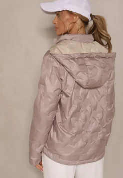 Ciemnobeżowa Dwustronna Kurtka z Pikowanymi Przeszyciami i Odpinanym Kapturem Zelirelle