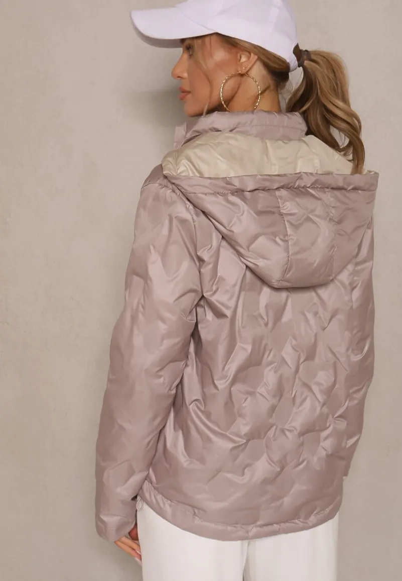 Ciemnobeżowa Dwustronna Kurtka z Pikowanymi Przeszyciami i Odpinanym Kapturem Zelirelle