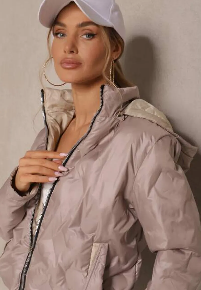 Ciemnobeżowa Dwustronna Kurtka z Pikowanymi Przeszyciami i Odpinanym Kapturem Zelirelle