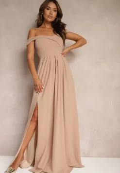 Ciemnobeżowa Elegancka Długa Sukienka Hiszpanka Wykończona Rozcięciem na Dole Idelia