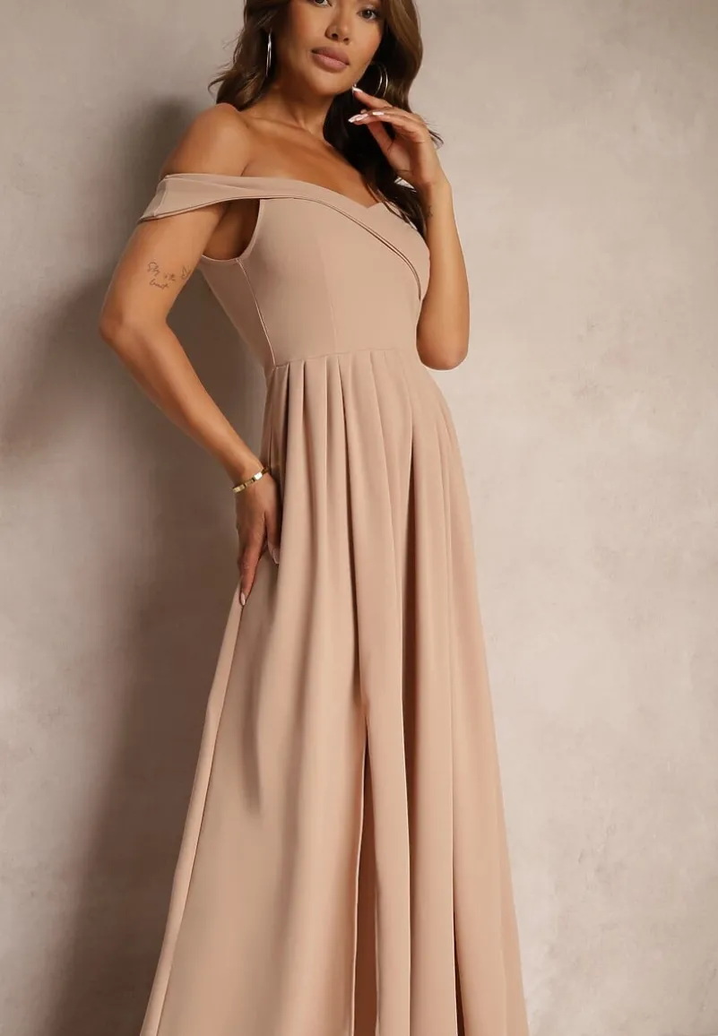 Ciemnobeżowa Elegancka Długa Sukienka Hiszpanka Wykończona Rozcięciem na Dole Idelia