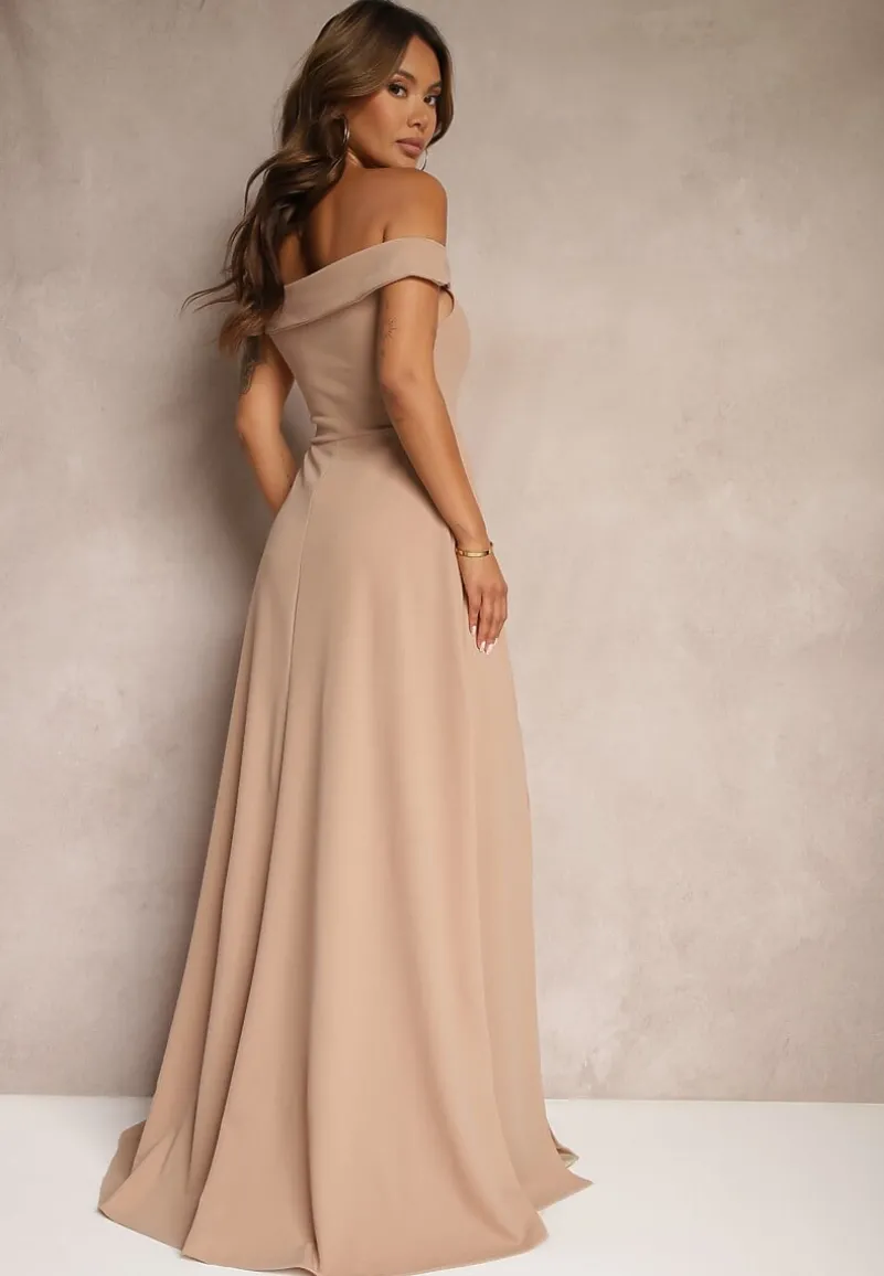 Ciemnobeżowa Elegancka Długa Sukienka Hiszpanka Wykończona Rozcięciem na Dole Idelia