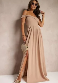 Ciemnobeżowa Elegancka Długa Sukienka Hiszpanka Wykończona Rozcięciem na Dole Idelia