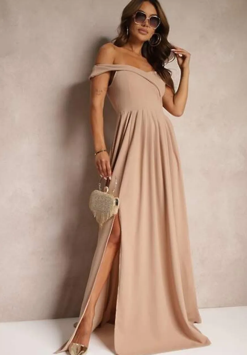 Ciemnobeżowa Elegancka Długa Sukienka Hiszpanka Wykończona Rozcięciem na Dole Idelia