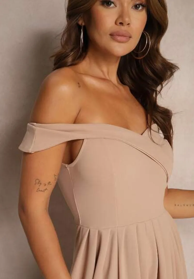 Ciemnobeżowa Elegancka Długa Sukienka Hiszpanka Wykończona Rozcięciem na Dole Idelia