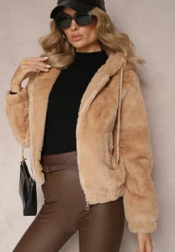 Ciemnobeżowa Futerkowa Kurtka Bluza z Kapturem Vortezi