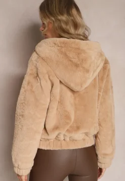 Ciemnobeżowa Futerkowa Kurtka Bluza z Kapturem Vortezi