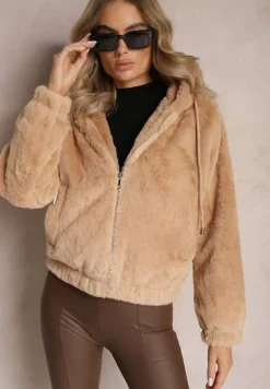 Ciemnobeżowa Futerkowa Kurtka Bluza z Kapturem Vortezi