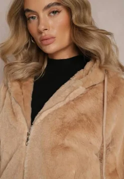 Ciemnobeżowa Futerkowa Kurtka Bluza z Kapturem Vortezi