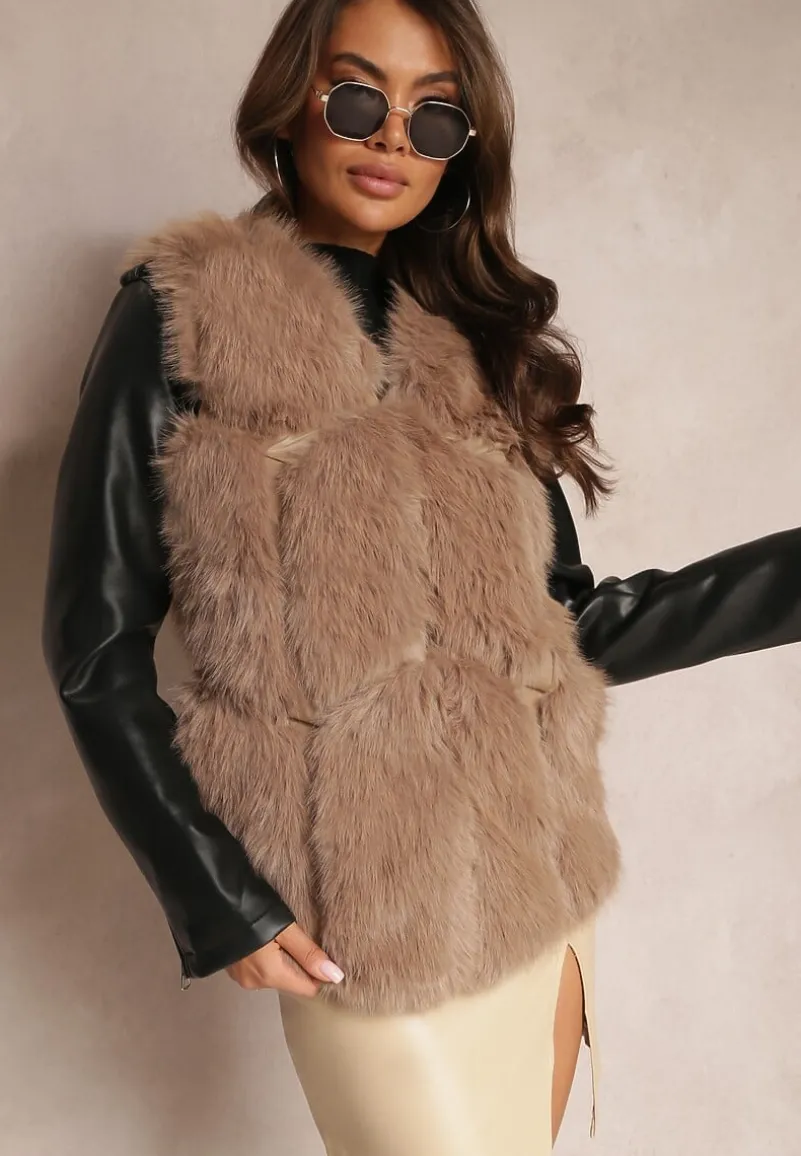 Ciemnobeżowa Futrzana Kamizelka z Wstawkami z Ekoskóry Lewja