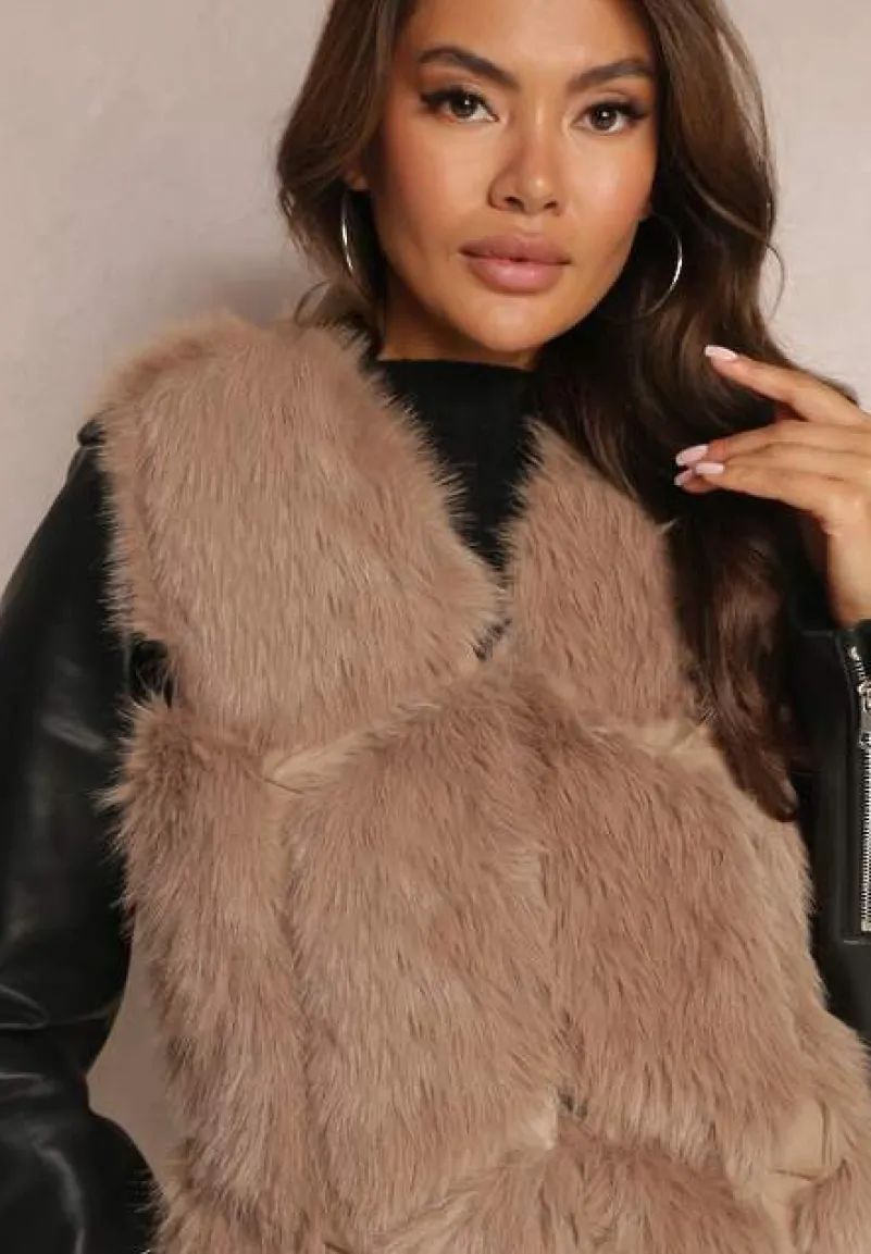 Ciemnobeżowa Futrzana Kamizelka z Wstawkami z Ekoskóry Lewja