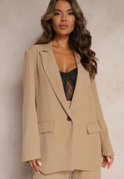 Ciemnobeżowa Gładka Klasyczna Marynarka z Guzikiem i Kieszeniami Electrane