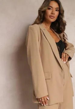 Ciemnobeżowa Gładka Klasyczna Marynarka z Guzikiem i Kieszeniami Electrane