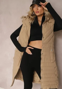 Ciemnobeżowa Kamizelka Bezrękawnik ze Skośnym Pikowaniem i Kapturem Shajana