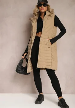 Ciemnobeżowa Kamizelka Bezrękawnik ze Skośnym Pikowaniem i Kapturem Shajana