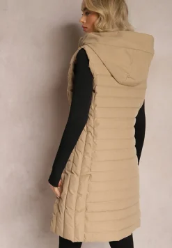 Ciemnobeżowa Kamizelka Bezrękawnik ze Skośnym Pikowaniem i Kapturem Shajana