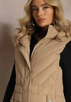 Ciemnobeżowa Kamizelka Bezrękawnik ze Skośnym Pikowaniem i Kapturem Shajana