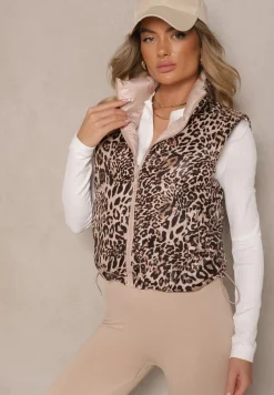 Ciemnobeżowa Kamizelka Dwustronna z Pikowanymi Przeszyciami i Ściągaczami Miterta