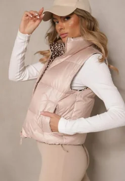 Ciemnobeżowa Kamizelka Dwustronna z Pikowanymi Przeszyciami i Ściągaczami Miterta