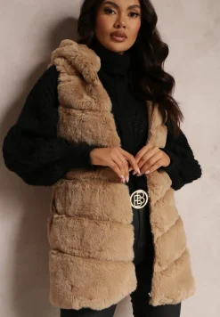 Ciemnobeżowa Kamizelka Futrzana z Kapturem Nedelcu