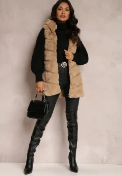 Ciemnobeżowa Kamizelka Futrzana z Kapturem Nedelcu