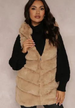 Ciemnobeżowa Kamizelka Futrzana z Kapturem Nedelcu