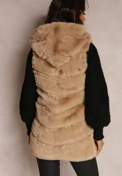 Ciemnobeżowa Kamizelka Futrzana z Kapturem Nedelcu