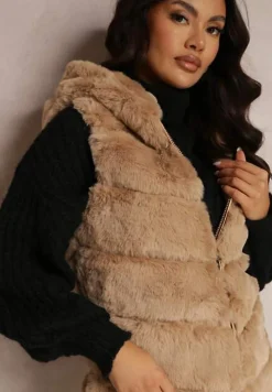 Ciemnobeżowa Kamizelka Futrzana z Kapturem Nedelcu