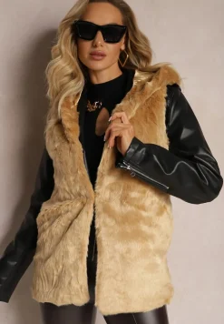 Ciemnobeżowa Kamizelka Futrzana z Kapturem Linie