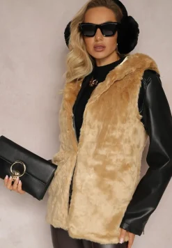 Ciemnobeżowa Kamizelka Futrzana z Kapturem Linie