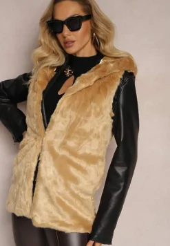 Ciemnobeżowa Kamizelka Futrzana z Kapturem Linie