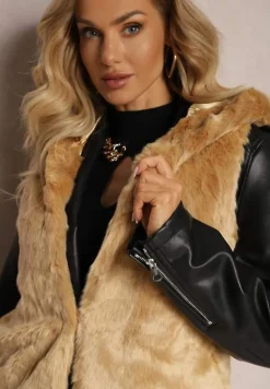 Ciemnobeżowa Kamizelka Futrzana z Kapturem Linie