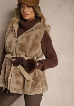 Ciemnobeżowa Kamizelka Futerko z Kapturem i Kieszeniami Wiązana w Talii Jackiena