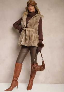Ciemnobeżowa Kamizelka Futerko z Kapturem i Kieszeniami Wiązana w Talii Jackiena