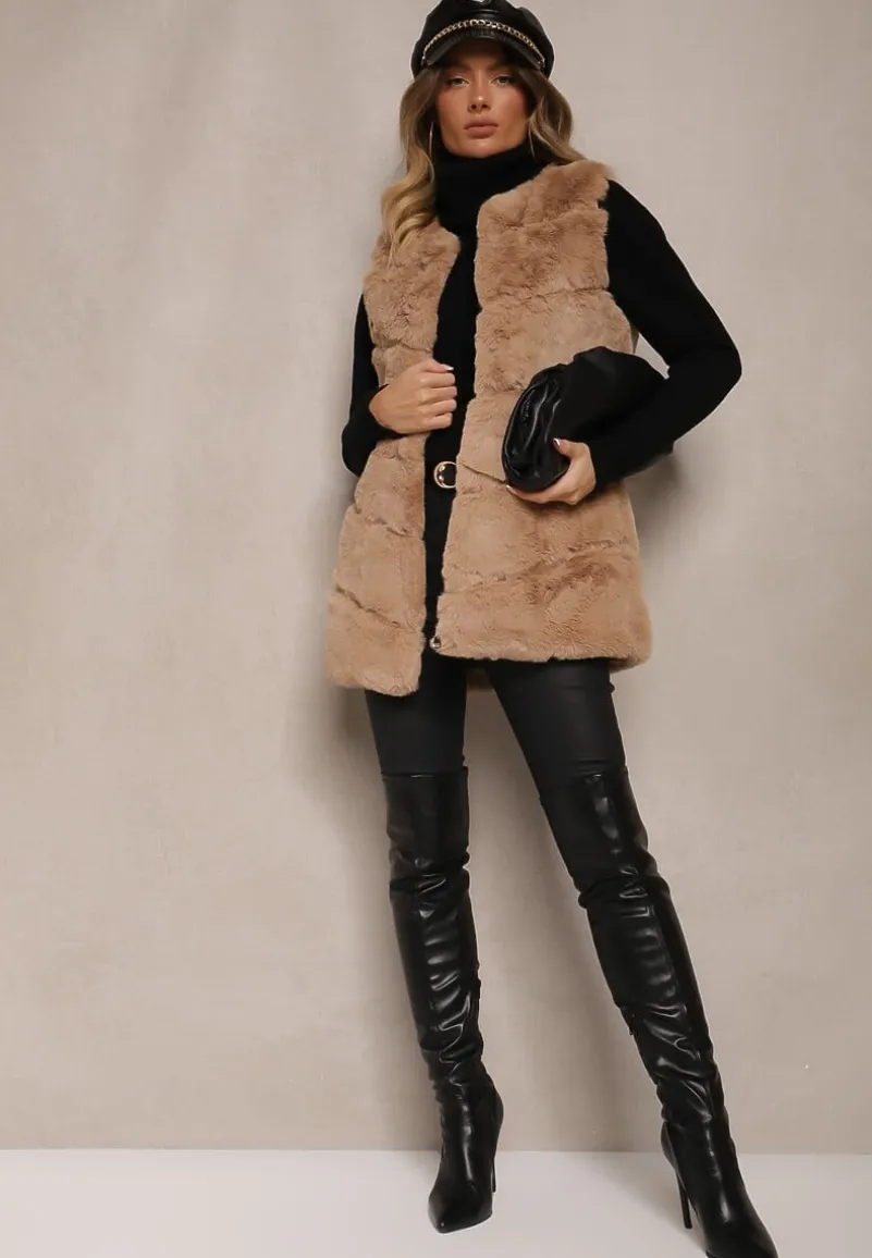 Ciemnobeżowa Kamizelka Futerko Auxomene