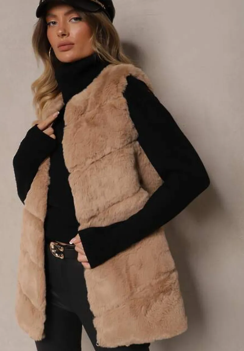 Ciemnobeżowa Kamizelka Futerko Auxomene