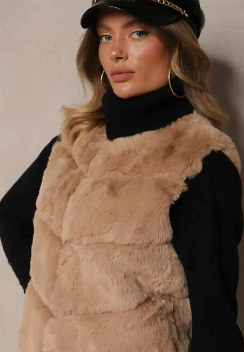 Ciemnobeżowa Kamizelka Futerko Auxomene