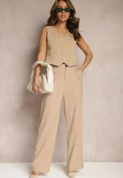 Ciemnobeżowa Kamizelka na Guziki bez Rękawów Ellowen