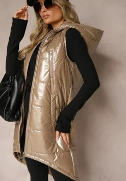 Ciemnobeżowa Kamizelka o Długim Kroju Wykończona Imitacją Kieszeni i Kapturem Mavaline