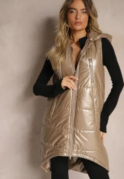 Ciemnobeżowa Kamizelka o Długim Kroju Wykończona Imitacją Kieszeni i Kapturem Mavaline