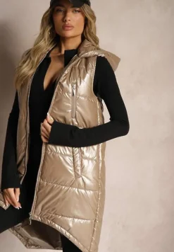 Ciemnobeżowa Kamizelka o Długim Kroju Wykończona Imitacją Kieszeni i Kapturem Mavaline