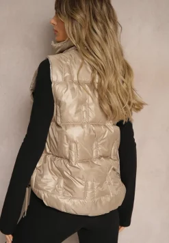 Ciemnobeżowa Kamizelka Pikowana Ozdobiona Troczkami i Stójką Terinora