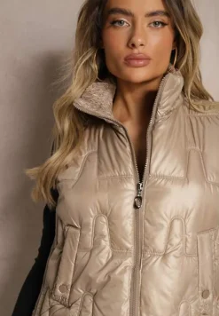 Ciemnobeżowa Kamizelka Pikowana Ozdobiona Troczkami i Stójką Terinora