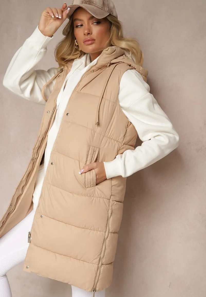 Ciemnobeżowa Kamizelka Pikowana z Kapturem Ozdobiona Sznurkami Eleandra