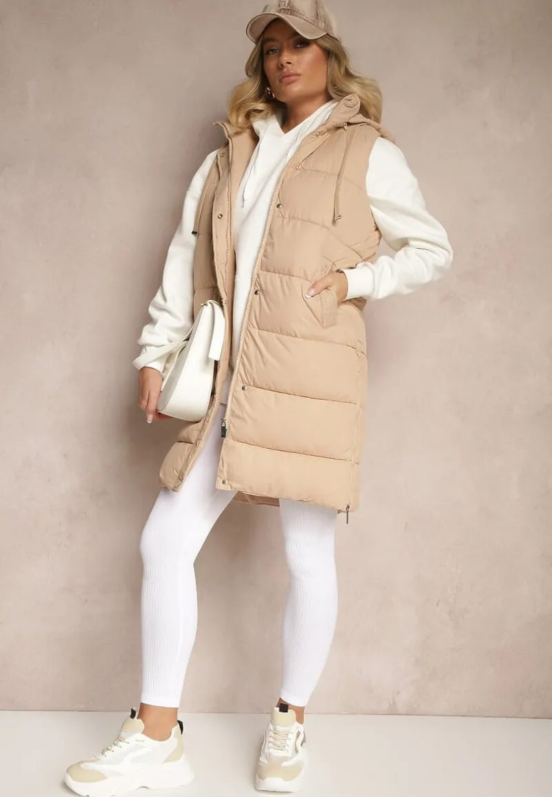 Ciemnobeżowa Kamizelka Pikowana z Kapturem Ozdobiona Sznurkami Eleandra